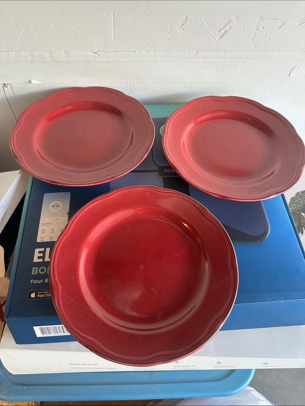 Cranberry Red Scalloped Ceramic salad Plates - Set of 3. No chips